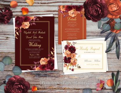 Burgundy and Orange Florals on Burgundy, Burnt Orange, and Ivory Hues Fall Wedding Invitation, Set, or Suite