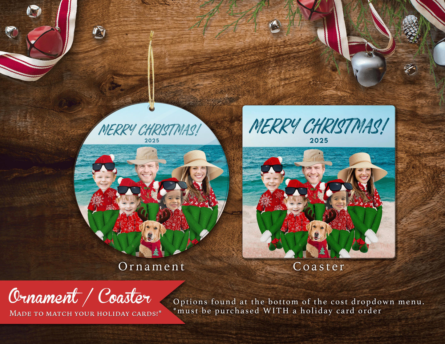 Personalized Funny Beach Christmas Family Photo Card with Elves  Custom Text - Unique Tropical Vacation Design with Envelope