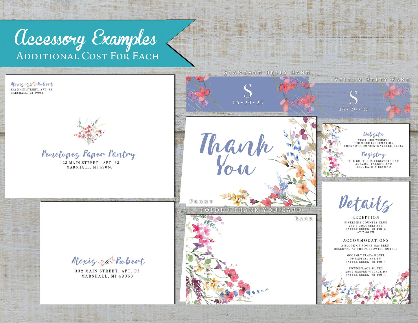 Whimsical Wildflower Summer Wedding Invitation,Summer Wedding Invite,Cornflower Blue,Calligraphy,Personalize,Printed Invitation,Envelope
