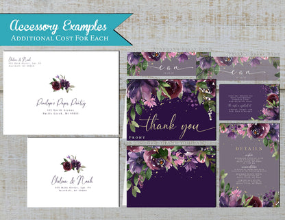 Elegant Purple Floral Fall Wedding Invitation – Dusty Plum & Gold – Personalized Shimmery Printed Invite with Envelopes