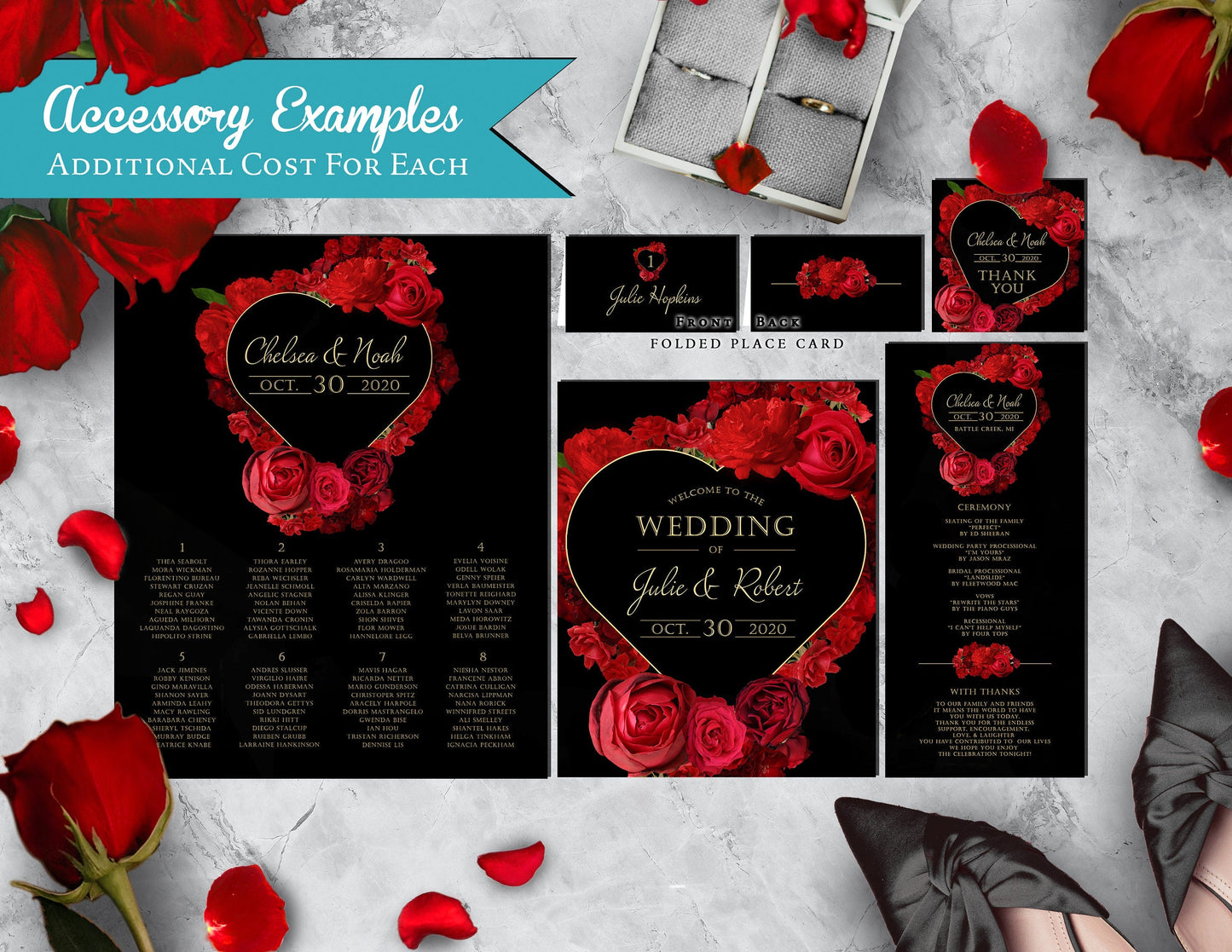 Red Floral Heart Wreath with Black Background Rose Wedding Invitation, Set, or Suite