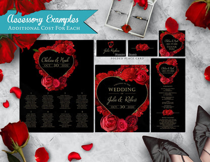 Red Floral Heart Wreath with Black Background Rose Wedding Invitation, Set, or Suite