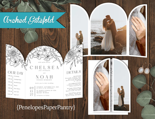 Die Cut Arch Gatefold Floral Line Art Florals and Engagement Photo Folded Wedding Invitation, Set, or Suite