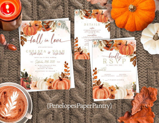 Elegant Fall in Love Pumpkin Wedding Invitation – Personalized Autumn Design with Shimmery Print & Custom Text – Envelopes Included