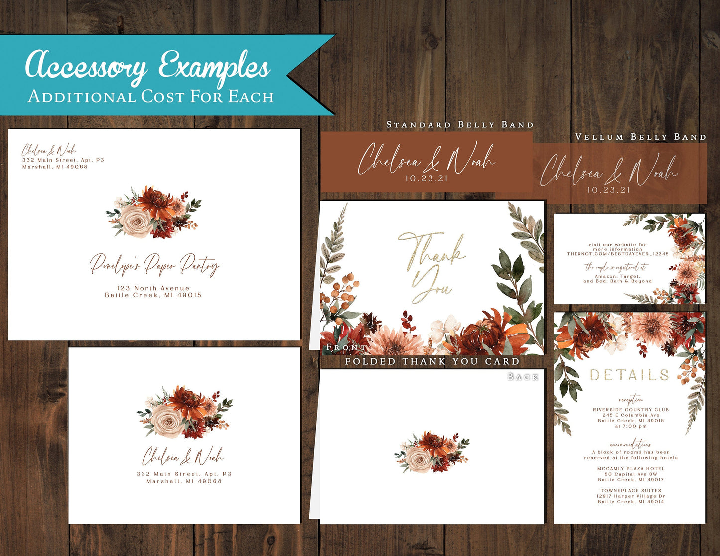 Romantic Fall Wedding Invitation – Terracotta & Burnt Orange Florals, Calligraphy – Personalized Printed Invitations with Envelopes Included