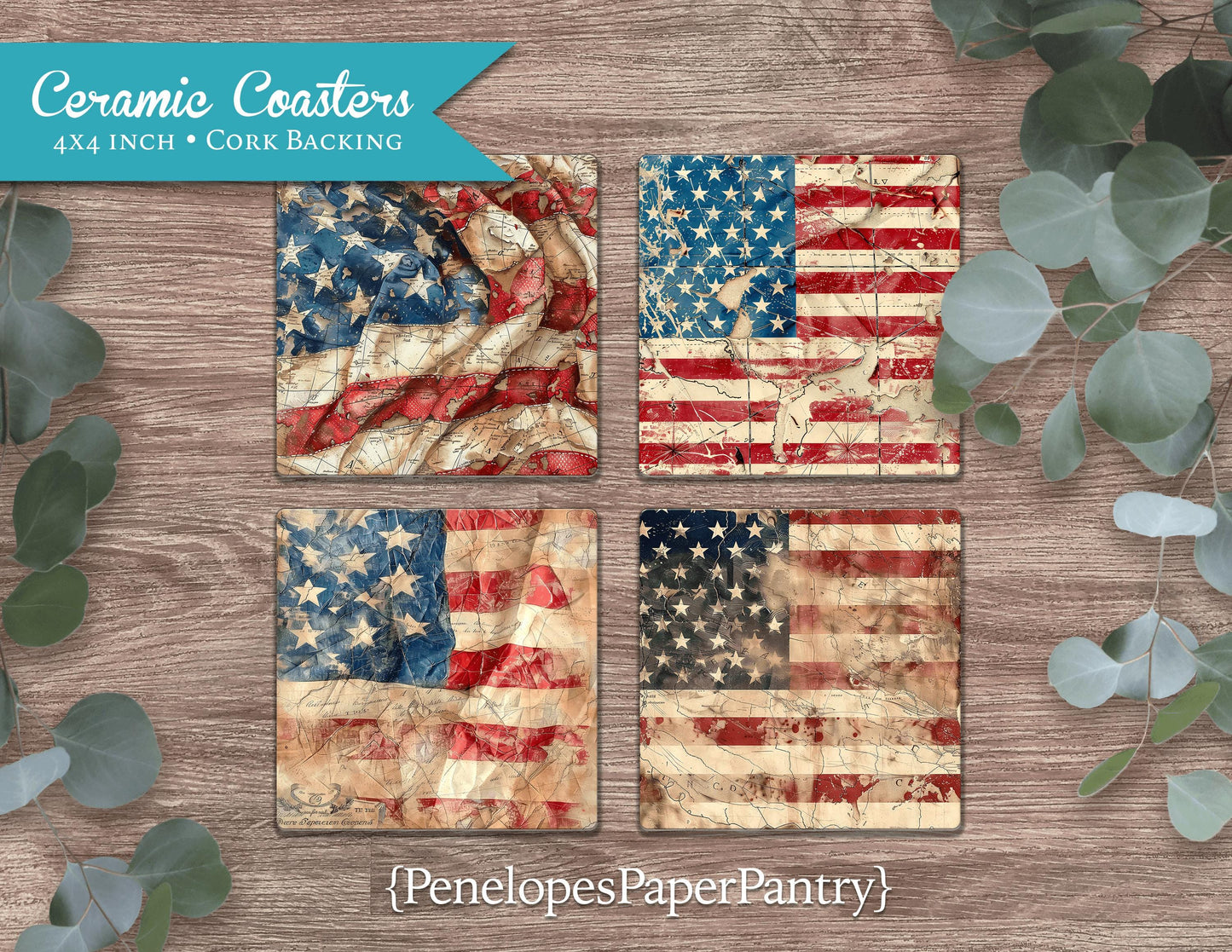 Rustic Patriotic Flag Set of 4 Ceramic Coasters with Cork Back