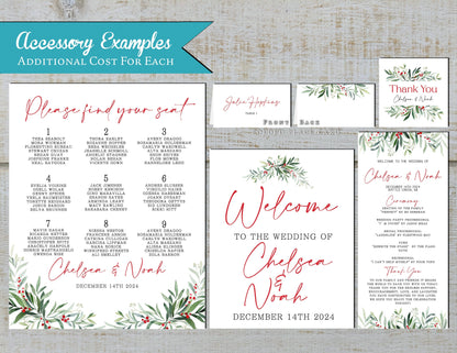 Pine and Holly Florals Winter Wedding Invitation, Set, or Suite