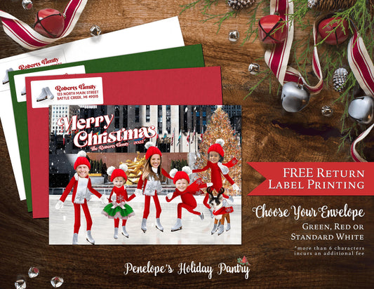 Funny Ice Skating Elves Christmas Photo Card Personalized Rockefeller Center New York City Printed Cards With Envelope Return Address Label