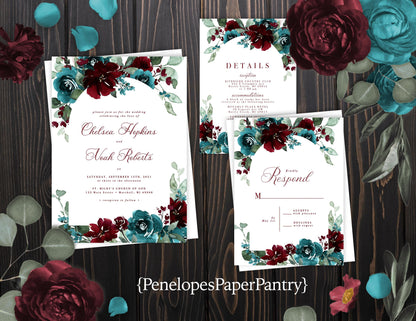 Elegant Fall Wedding Invitation – Personalized Burgundy & Teal Floral Design with Calligraphy – Printed with Envelopes & Optional RSVP Card