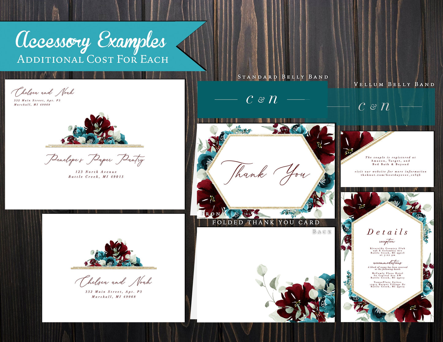 Burgundy and Teal with Geometric Frame on White Background Fall Wedding Invitation, Set, or Suite