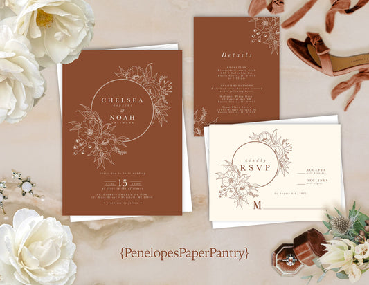 Terracotta Hues with Ivory Floral Line Art Fall Wedding Invitation, Set, or Suite