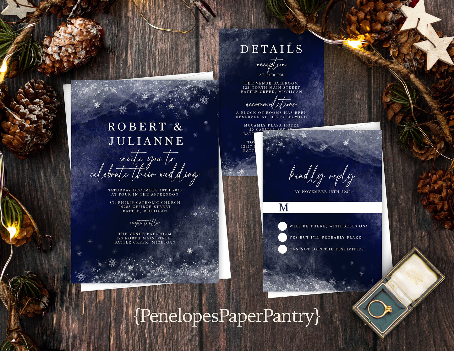 Frost Border with Faux Silver Glitter Snowflakes Navy Blue Background Winter Wedding Invitation, Set, or Suite