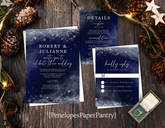 Frost Border with Faux Silver Glitter Snowflakes Navy Blue Background Winter Wedding Invitation, Set, or Suite