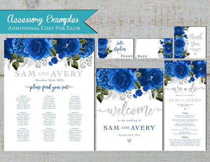 Royal Blue Florals with White Background Rose Wedding Invitation, Set, or Suite