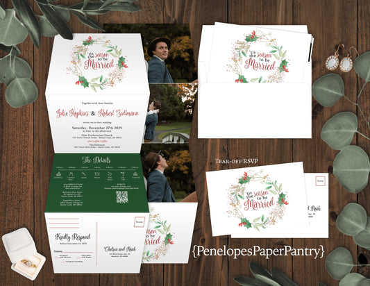 All in One Winter Holly 'Tis the Season Wreath Folded Wedding Invitation with Tear-Off RSVP