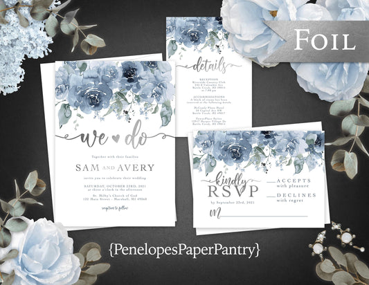 Elegant Dusty Blue Floral Summer Wedding Invitation Personalized We Do Calligraphy Silver Foil Printed Invitations Envelopes Included Unique
