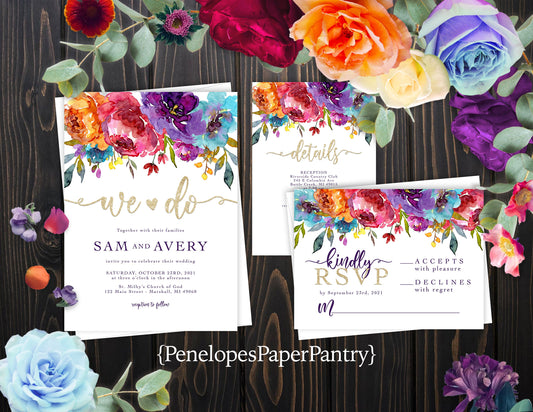 Elegant Bright Floral Summer Wedding Invitation Personalized Gold Glitter Print Calligraphy Printed Invitations Envelopes Included Shimmery