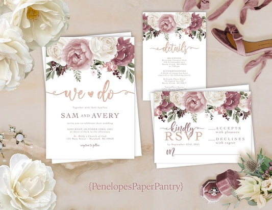 Whimsical Mauve Floral Summer Wedding Invitation,Set,Suite,Dusty Rose,Roses,Rose Gold,Shimmery,Personalize,Printed Invitation,Envelope