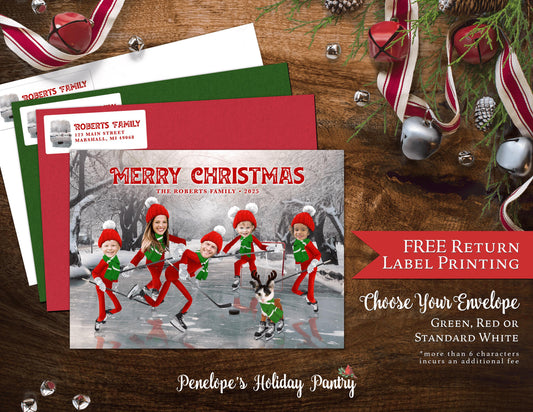Funny Elf Christmas Photo Card – Personalized Family Hockey Theme with Ice Skates, Puck, Net & Custom Text – Double-Sided Printed with Envelopes