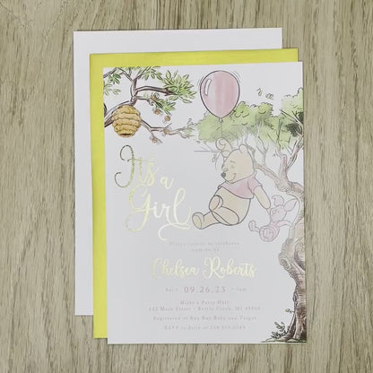 Winnie the Pooh Baby Girl Shower Invitation – Personalized with Piglet, Beehive & Pink Balloon – Gold Foil Calligraphy Printed Invite with Envelope & Custom Design by Penelope’s Paper Pantry