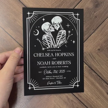 Halloween Wedding Invitation – Skeleton Couple Gothic Black & White – Personalized Spooky Printed Invite with Envelope Included