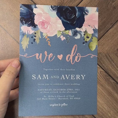 Elegant Dusty Blue Floral Summer Wedding Invitation Personalized Navy Blush Roses Glitter Print Shimmery Printed Invitations With Envelopes