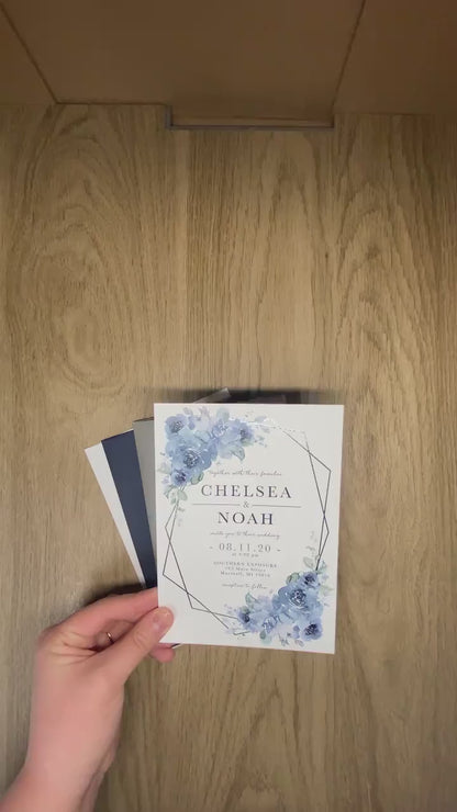 Elegant Dusty Blue Floral Summer Wedding Invitation Personalized Geometric Frame Silver Foil Printed Invitations Envelopes Included Unique