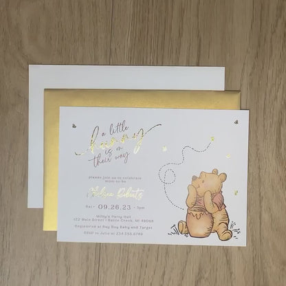 Winnie the Pooh Baby Shower Invitation – Gender Neutral Gold Foil Printed Invite with Pooh Bear, Honey Pot & Bees – Personalized Card with Envelope