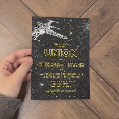 May 4th Wedding Invitation,May 4th Wedding Invite,Galaxy,X Wing Fighter,Personalize,Shimmery,Printed Invitation,Envelope Included