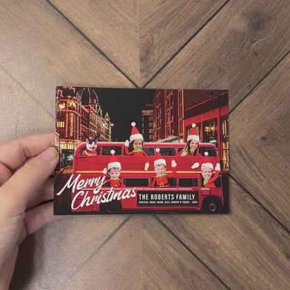 Personalized Funny London Double Decker Bus Christmas Family Photo Card with Custom Text Double-Sided Print  Envelopes