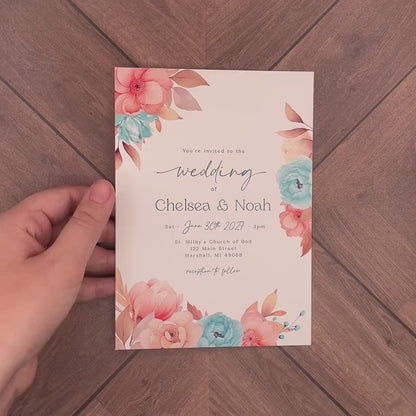 Simple Floral Summer Wedding Invitation Personalized Coral Teal Roses Custom Text Printed Invitations Envelopes Included Optional RSVP Card