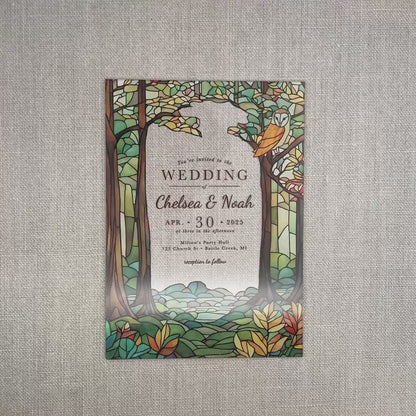Rustic Woodland Stained Glass Acrylic Wedding Invitation Personalized Printed Acrylic Invite Woodland Owl Invite Forest Enclosure Envelopes