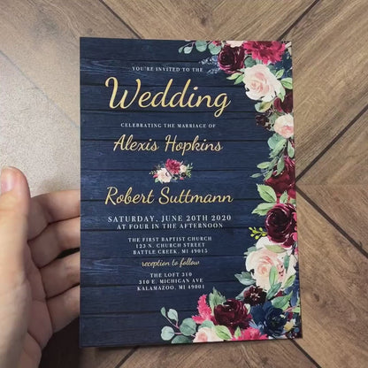 Rustic Navy Floral Fall Wedding Invitation – Barn Wood, Burgundy & Blush Roses, Gold Print – Personalized Shimmery Printed Invitations with Envelopes