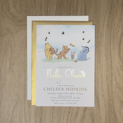 Classic Winnie the Pooh Gender Neutral Baby Shower Invitation – Personalized with Piglet, Tigger, Eeyore & Dragonfly – Gold Foil Printed Invite with Envelopes by Penelope’s Paper Pantry