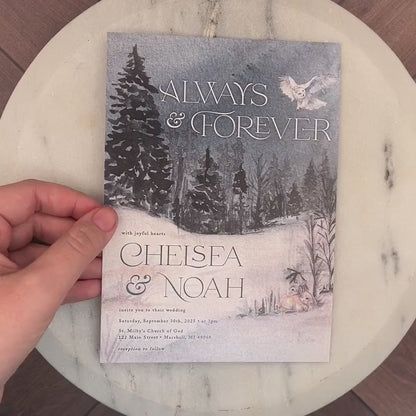 Woodland Winter Wedding Invitation – Pine Forest, Snow, Night Sky, White Owl, Custom Printed with Envelopes Included