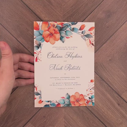 Elegant Floral Fall Wedding Invitation – Personalized Teal & Orange Design with Calligraphy – Printed Invitations with Envelopes & Optional RSVP Card