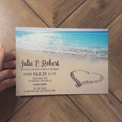 Romantic Beach Wedding Invitation Personalized Heart in the Sand Ocean Sunshine Destination Hawaii Printed Invitations Envelopes Included