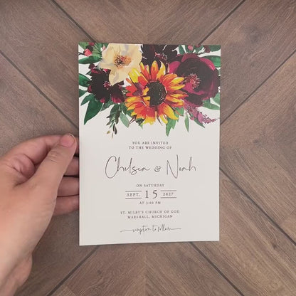 Romantic Fall Wedding Invitation – Sunflowers & Burgundy Roses, Elegant Calligraphy – Personalized Printed Invitations with Envelopes Included