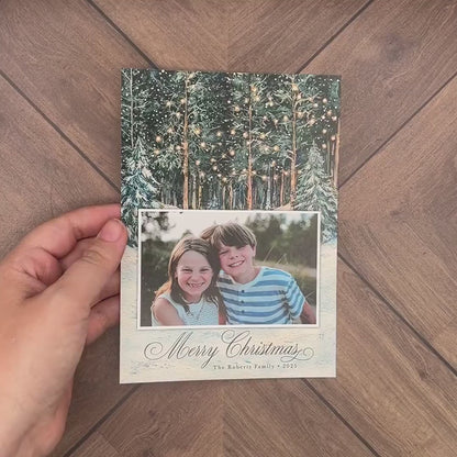 Elegant Rustic Christmas Photo Card Personalized Snowy Winter Forest Glowing Lights Gold Foil Custom Text Printed Cards FREE Address Print
