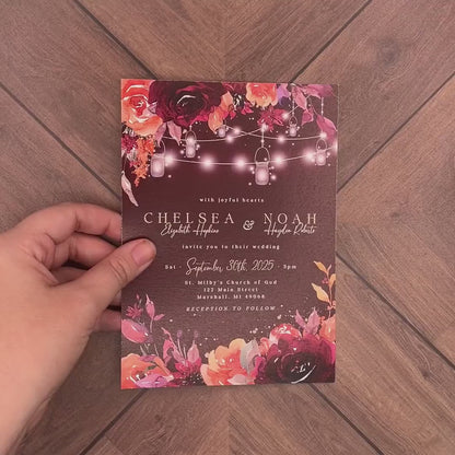 Romantic Rustic Burgundy Floral Fall Wedding Invitation Personalized Burnt Orange Barn Lights Satin Printed Invitations Envelopes Included