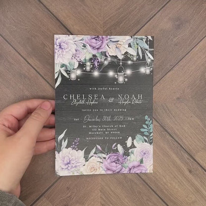 Rustic Gray Floral Summer Wedding Invitation Personalized Barn Wood Purple Lavender Lilac Fairy Lights Printed Invitation Envelopes Included