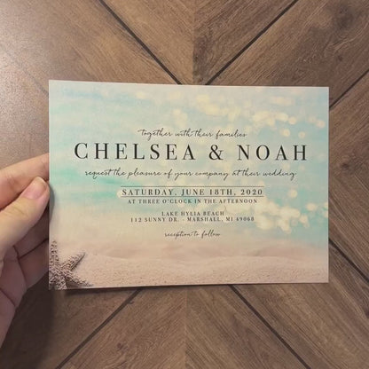 Elegant Beach Wedding Invitation Personalized Starfish Sandy Beach Crystal Blue Water Sunshine Shimmery Printed Invitations With Envelopes