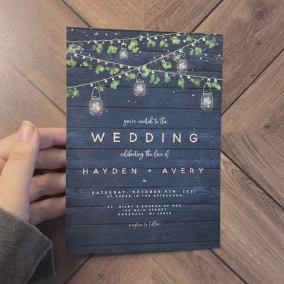 Rustic Summer Wedding Invitation,Summer Wedding Invite,Mason Jar Lights,Greenery,Navy Barn Wood,Personalize,Printed Invitation,Envelope