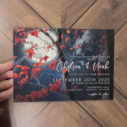 Rustic Fall Wedding Invitation – Full Moon Night Sky, Oak Tree & Burnt Orange Leaves – Romantic Personalized Printed Invitations with Envelopes Included