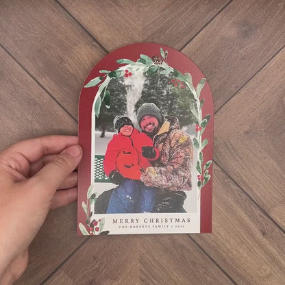 Unique Christmas Family Photo Card Personalized Arch Shape Red Green Mistletoe Custom Text Printed Card Envelope Included FREE Address Print