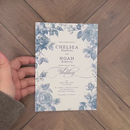 Elegant Dusty Blue Summer Wedding Invitation Personalized Baby Blue Powder Blue Floral Silhouettes Printed Invitations Envelopes Included