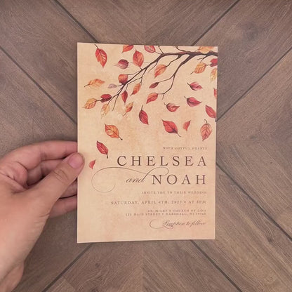 Elegant Rustic Fall Wedding Invitation Personalized Oak Tree Branch Burnt Orange Leaves Parchment Printed Invitations With Envelopes Simple