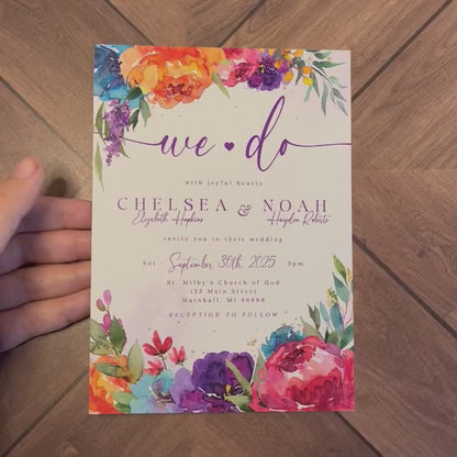 Elegant Bright Floral Summer Wedding Invitation Personalized Purple Orange Turquoise Hot Pink Printed Invitations Envelopes Included Unique