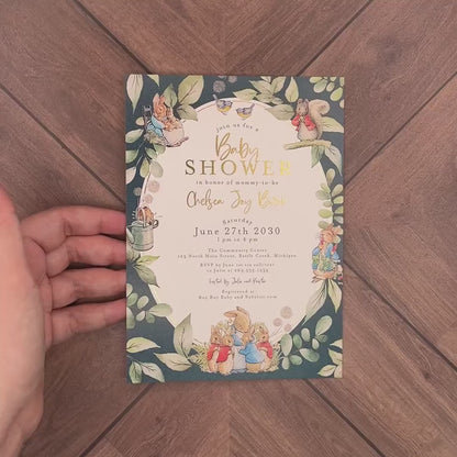Peter Rabbit Baby Shower Invitation – Personalized Blue Slate & Greenery Design with Gold Foil – Printed Bunny Invite for Couples Shower with Envelopes by Penelope’s Paper Pantry