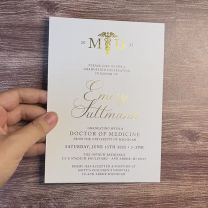 Elegant Medical School Doctor Of Medicine Graduation Party Invitation Announcement Caduceus Gold Foil Personalized Printed Card Envelope